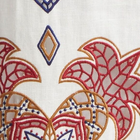 FARM Rio Mary's Tiles Embroidered Detail Linen White Midi Dress Size Small - Picture 6 of 14